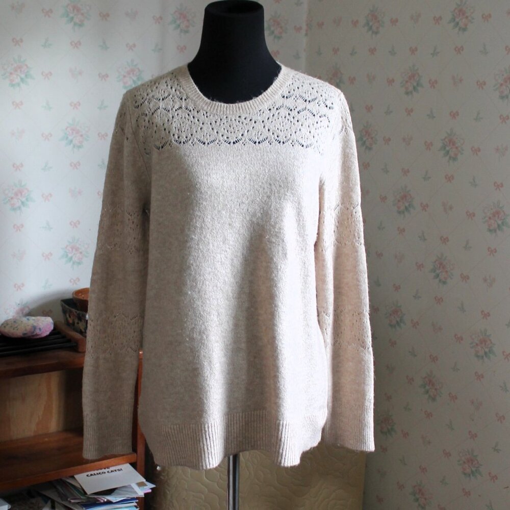 LOFT Beige Sweater w/ Lacy Detail, Large